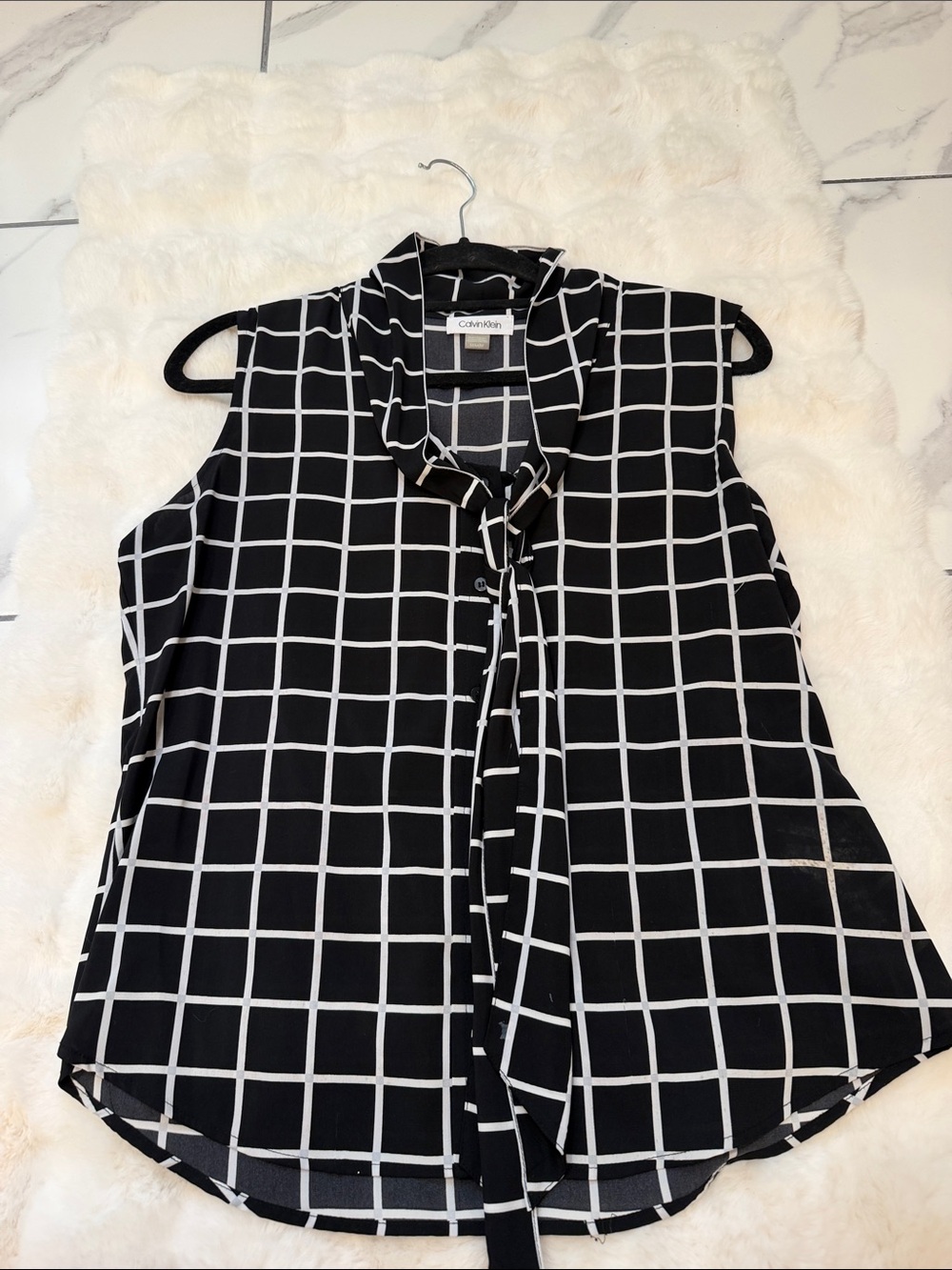 Calvin Klein Black & White Windowpane Tie-Neck Sleeveless Blouse